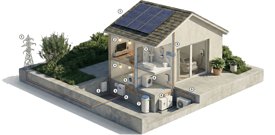 Diagramm, das zeigt, wie eine Solaranlage in einem Haus funktioniert