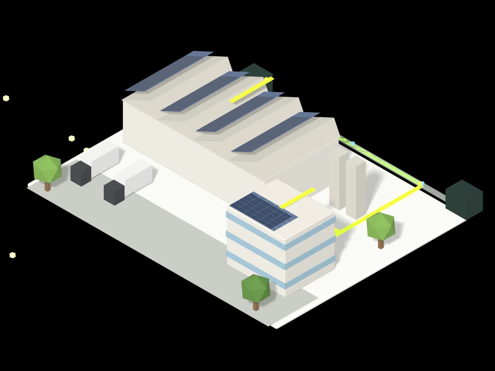 Industriehalle und Bürogebäude mit Solaranlagen, verbunden über das Quartiernetz mit den Nachbargebäuden